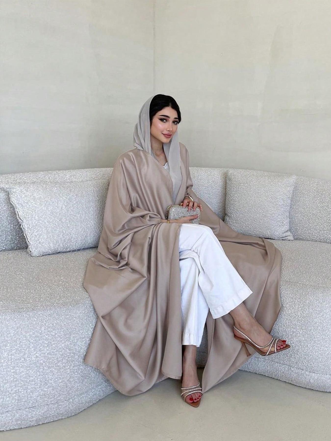 Women's Solid Batwing Sleeve Satin Abaya, Modest Fashion Long Sleeve Open Front Muslim Robe for Daily Wear, Ladies Islamic Clothing for All Seasons, Islamic Modesty Clothes