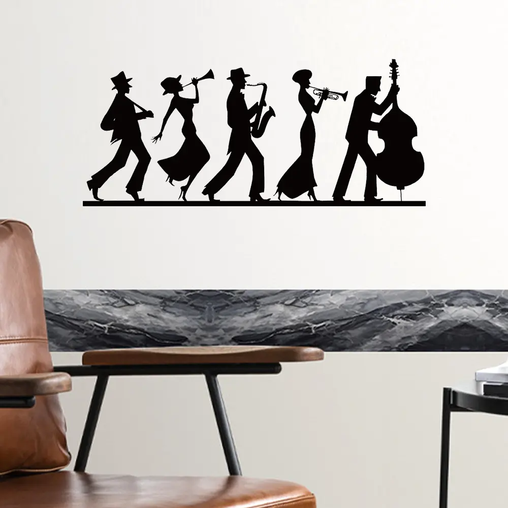1 piece Jazz Band Silhouette Wall Sticker, vintage style jazz musicians with saxophone & double bass, retro artistic style wall decal, for living room, study, music room & bar walls, retro/artistic home style, removable PVC self-adhesive decal.
