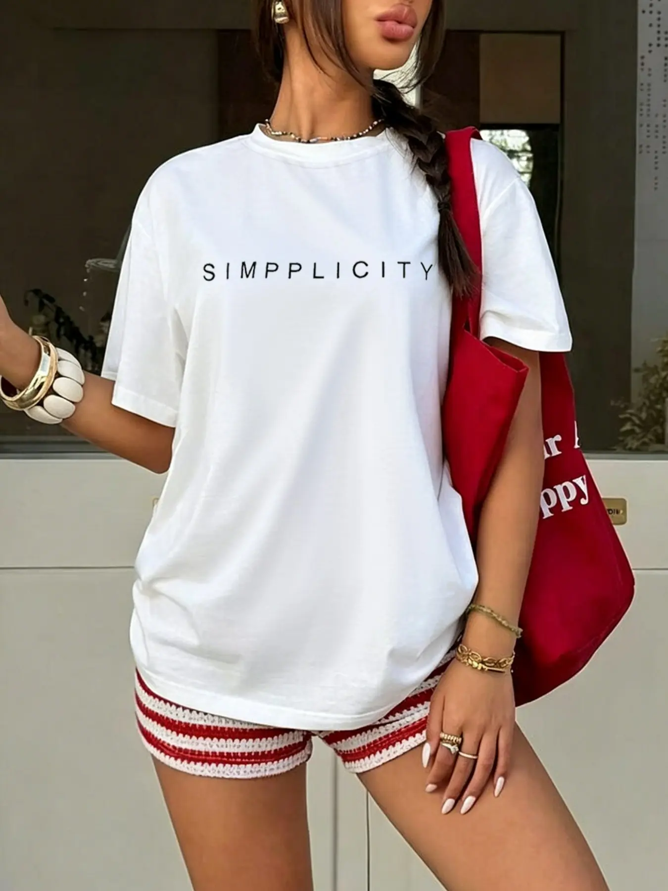 Women's Casual Loose-Fit Round Neck T-Shirt, Simplicity Slogan Print, Comfortable Summer Top, Ideal for Leisure and Beach Holidays