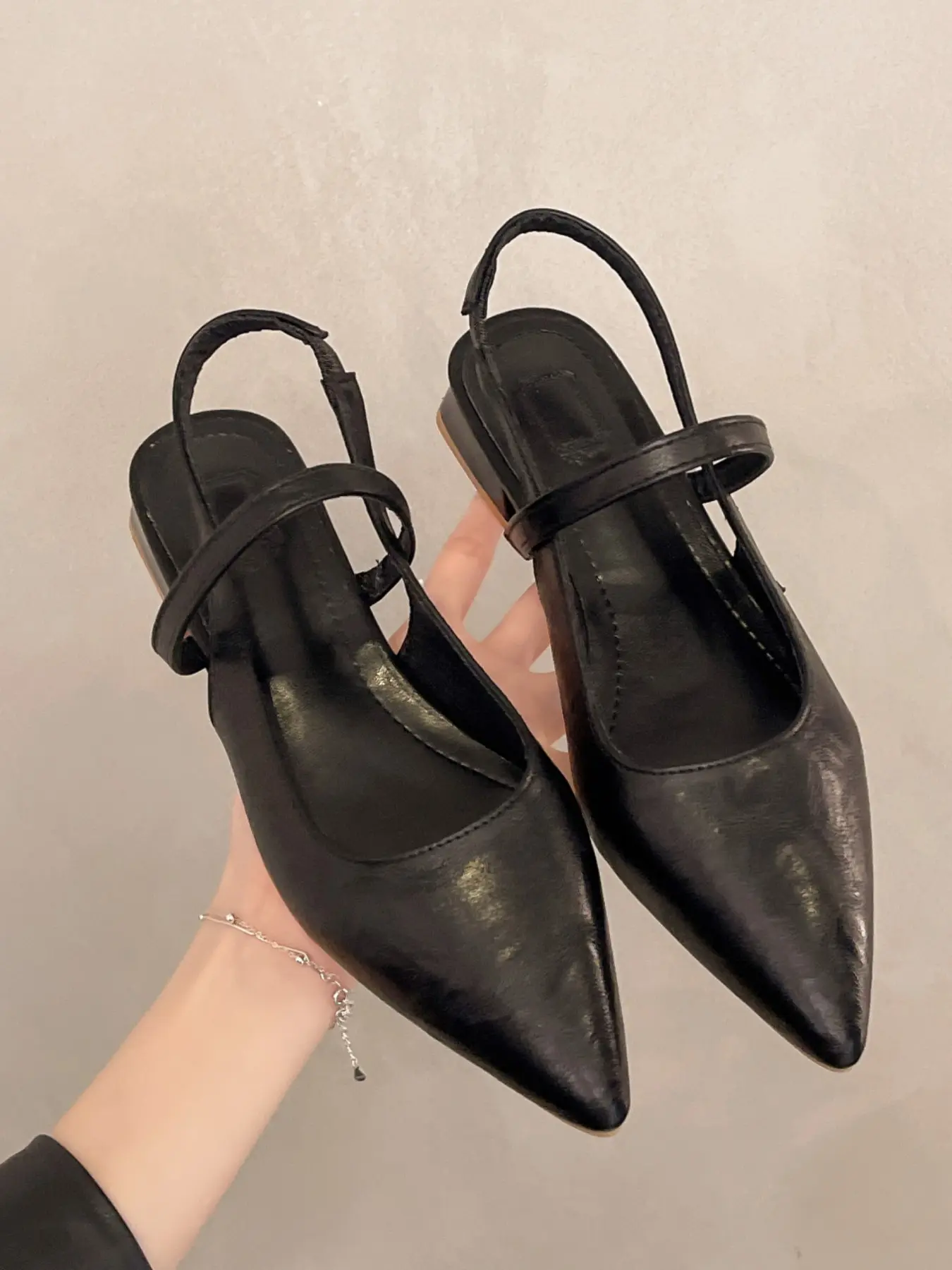 Women Crinkled Faux Leather Pointed Toe Single Front Strap Elastic Slingback Low Block Heel Pumps, Soft Cushioned Anti-Slip Low Heel Shoes, Daily Office Dating Casual Formal Footwear, 4 Colors Black Off White Silver Brown