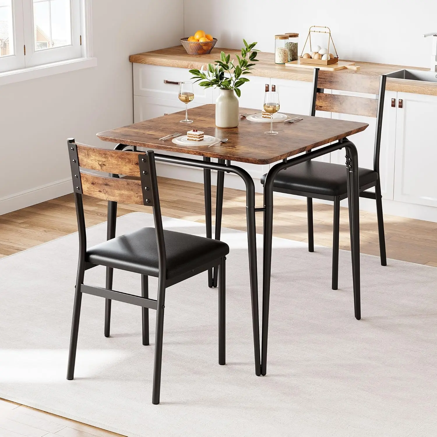 Dining Table Set for 2, 3 Piece Square Table and 2 Chairs, Compact Small Space Dinette with 2 Upholstered Cushioned Chairs, MDF Top Metal Frame Kitchen Table Set for Apartment, Breakfast Nook, Living Room, Home Office & Bar Use