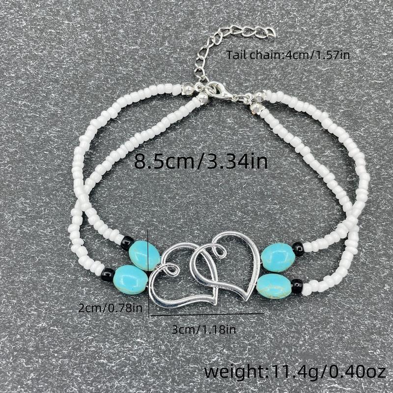 Boho Chic 3Pcs Set Women's Beaded Heart Charms Multi-layer Anklet Exquisite Double-Layer Beaded Heart Anklet for Summer Vacation Beach Wedding Party Jewelry Gift