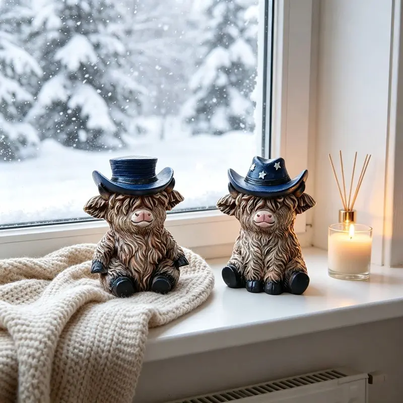 Two-piece cowboy hat resin figurines in denim style, with cute designs. They can be placed in areas such as fireplaces or bookshelves, and are suitable for Halloween-themed decorations and Christmas home furnishing arrangements.