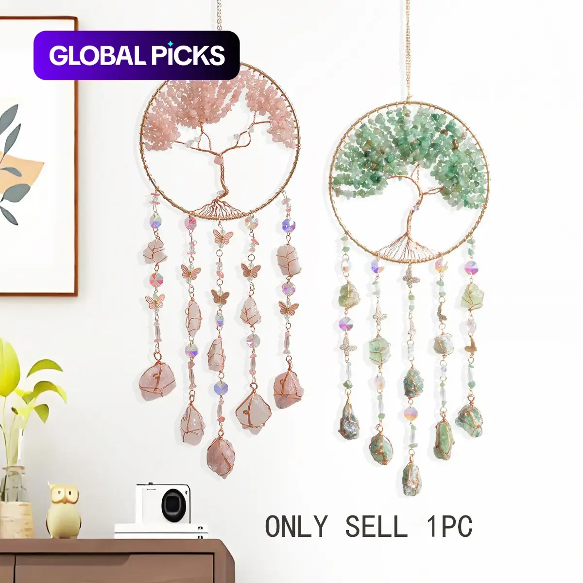 Bohemian Tree of Life Dream Catcher, Crystal Sun Catcher & Stone Wind Chime, Hangable Irregular Tree Shape, Home Living Room and Window Garden Hanging Decoration, Wall Art Ornament, Boho Decoration, Birthday Housewarming Gift #GLOBAL PICKS