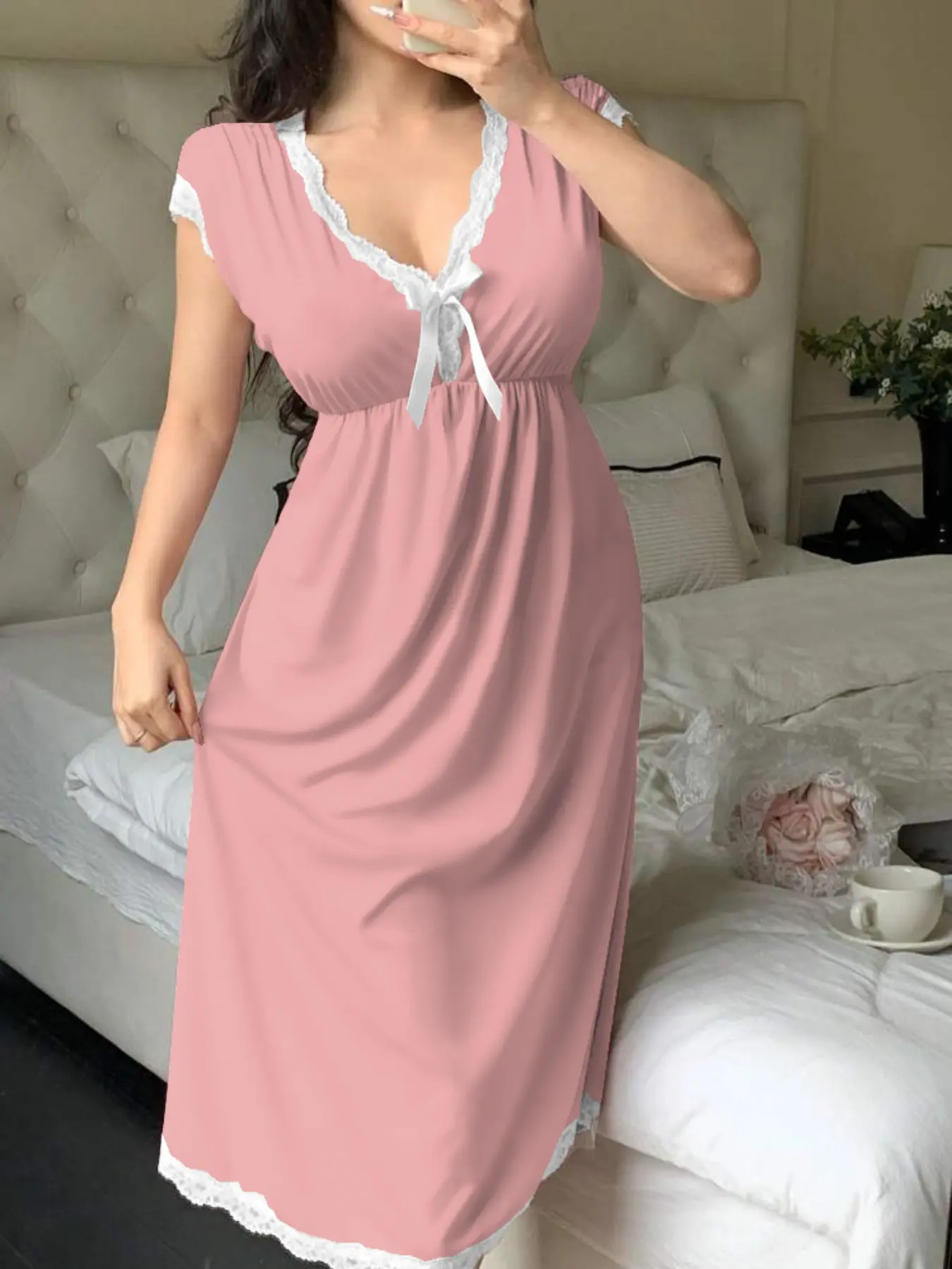 Plus Size Women's Lace Trim V-Neck Loungewear Dress, Cap Sleeve Front Butterfly Knot Strap Dress, Suitable for Home and Outing, All Seasons Fitted Dress