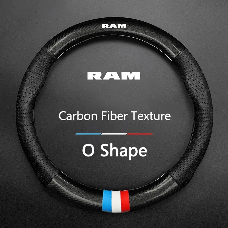 38cm Car Carbon Fiber Leather Steering Wheel Cover, Durable for Dodge RAM Logo, Challenger RAM 1500, Charger, Journey, Durango, Caravan