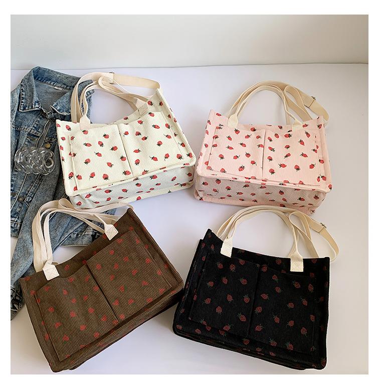 Women's Tote Bag Strawberry Print Canvas Student Shoulder Handbag Large Capacity Multi-Pocket Travel Purse Casual Daily Use Durable Totebag