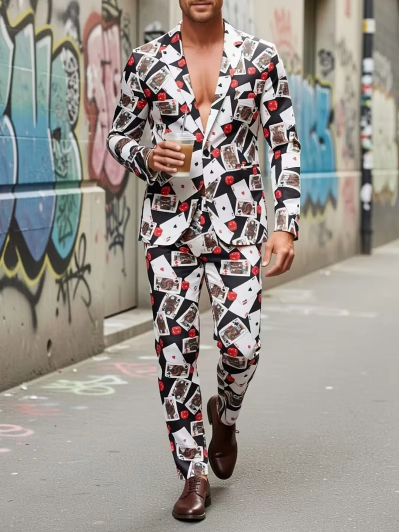 Men's two-piece suit with a unique printed pattern, featuring a black background with an all-over print of playing cards and dice. The suit jacket is paired with matching trousers, making it a perfect party stage magician suit.