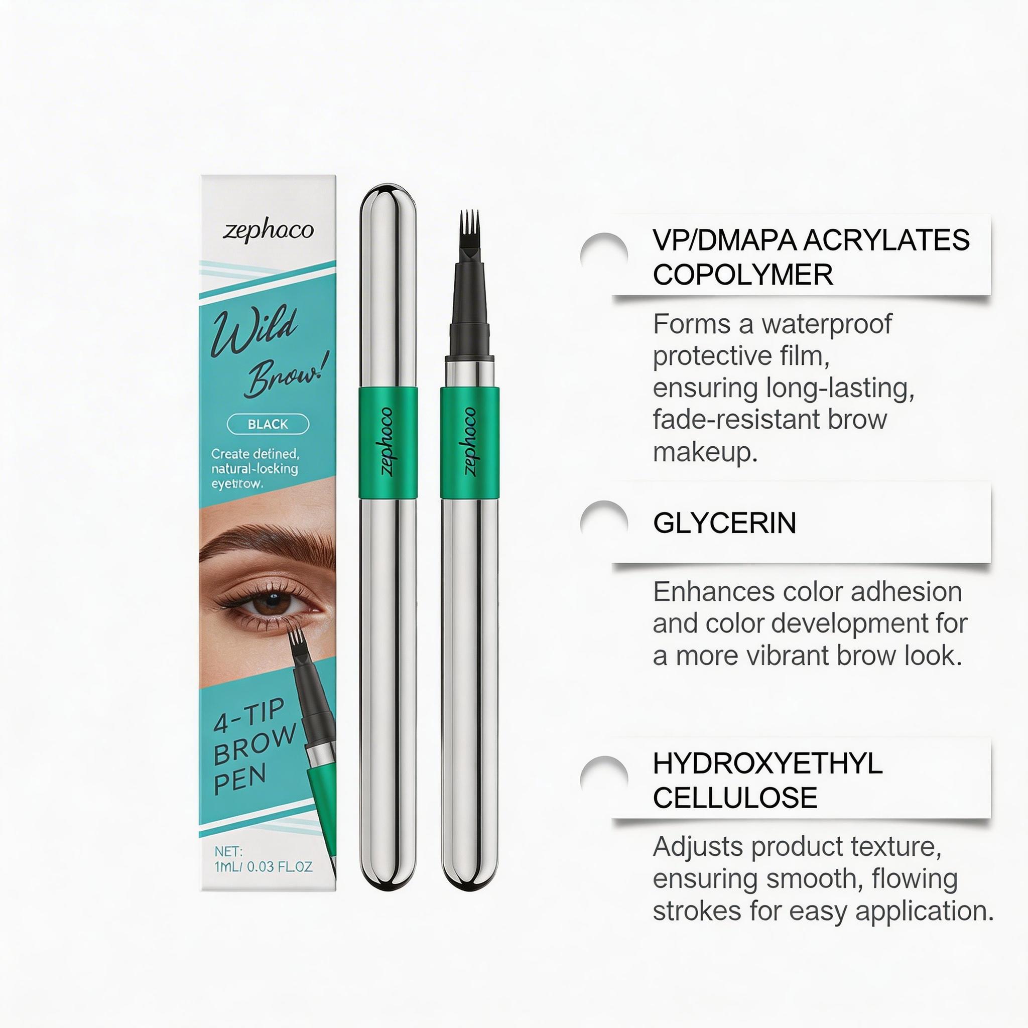 ZEPHOCO 4-Tip Brow Pen Black, VP/DMAPA Acrylates Copolymer Waterproof Film, Ultra-Fine Tip Precise Sculpting, Smooth Clump-Free, Twist-Up Design, Smudge-Resistant All-Day Wear for All Brows