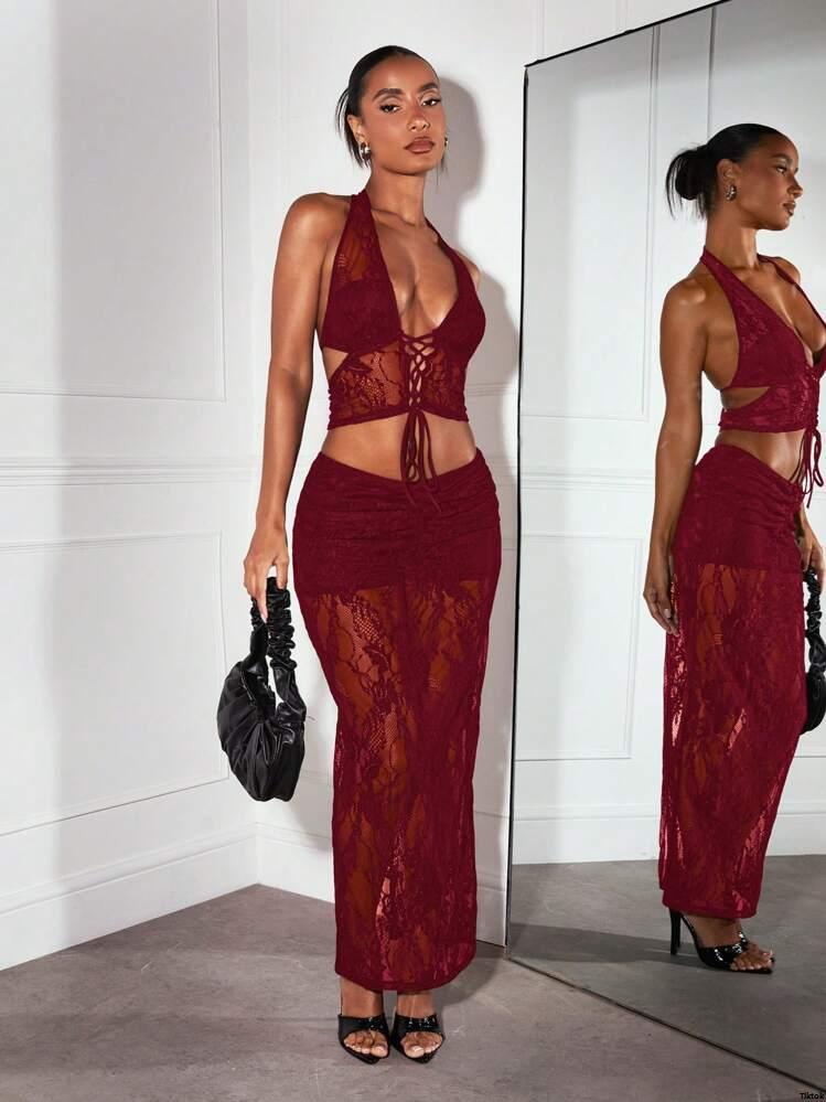 SexyWomenPartyAfternoonTeaOutfit ElegantLaceLongBeachDress tiktokBAEBlackSheerLaceHalterCriss - CrossBandageCorsetTop LowRiseLaceSkirt Music ConcertFestivalOutfit