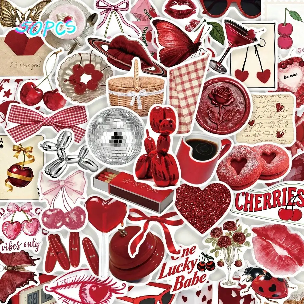 50 Cherry Color Cartoon Girl Stickers, Fun and Elegant, Self-Adhesive Graffiti Stickers for Desk, Phone Case, Notebook, Etc