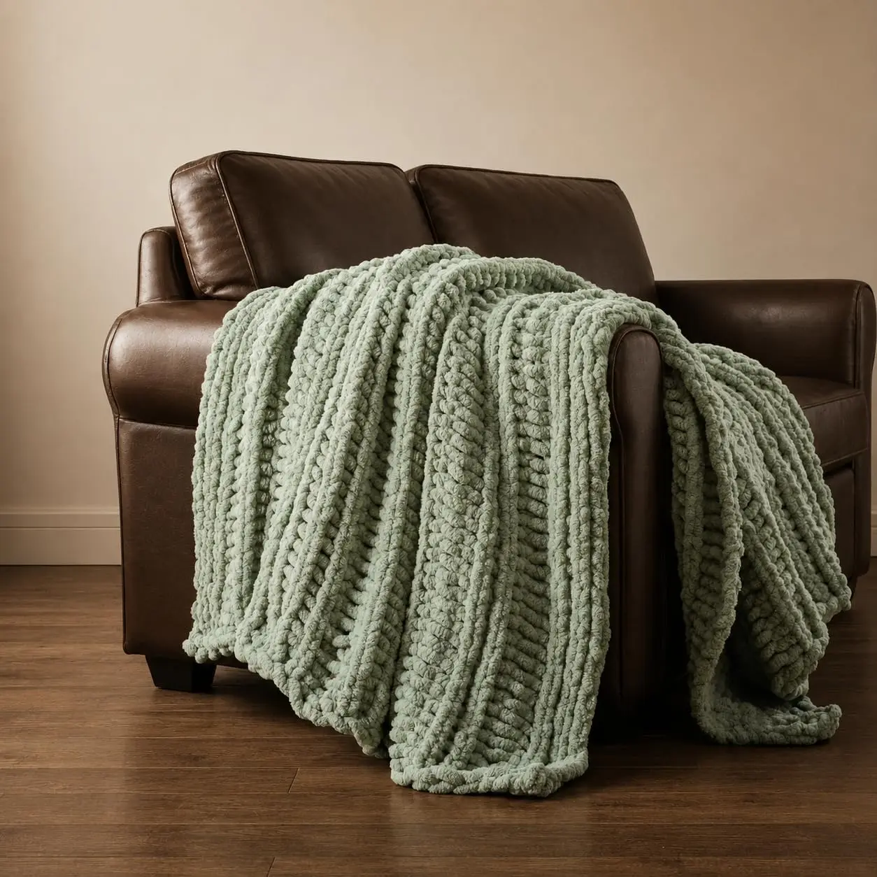 Chunky Knit Throw Blanket for Couch,  Hand Made Chenille Throw Blanket, Super Soft Warm Cozy Sage Green Blanket for Bed, Sofa, Living Room, 50"x60"