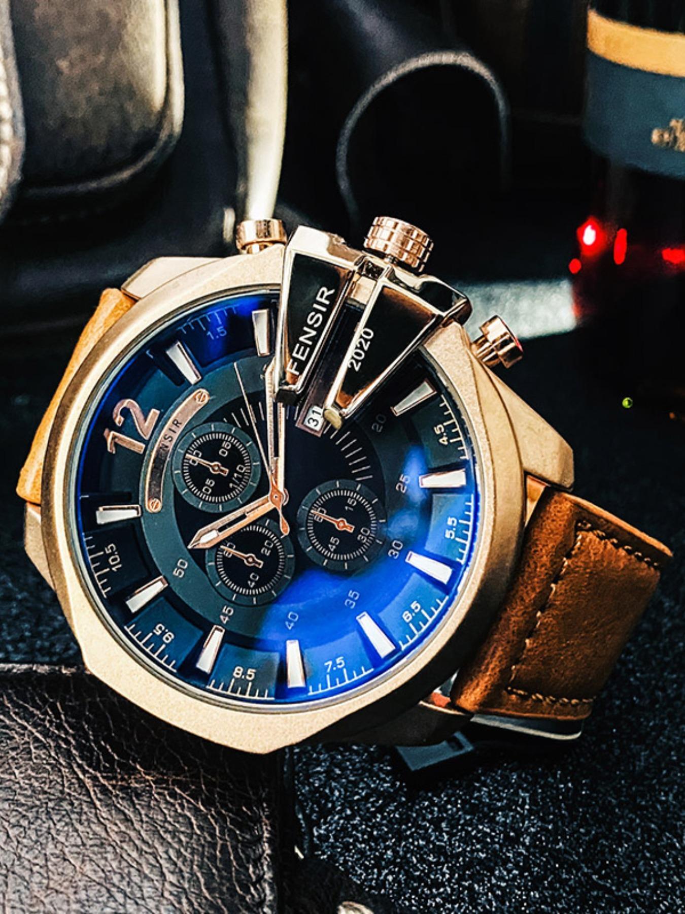 Men's Business Fashion Round Dial Analog Quartz Watch, Business Fashion Watches, Business Leather Watch for Party, Daily Clothing Decor, Trendy Exquisite Watch for Birthday Gift with Box