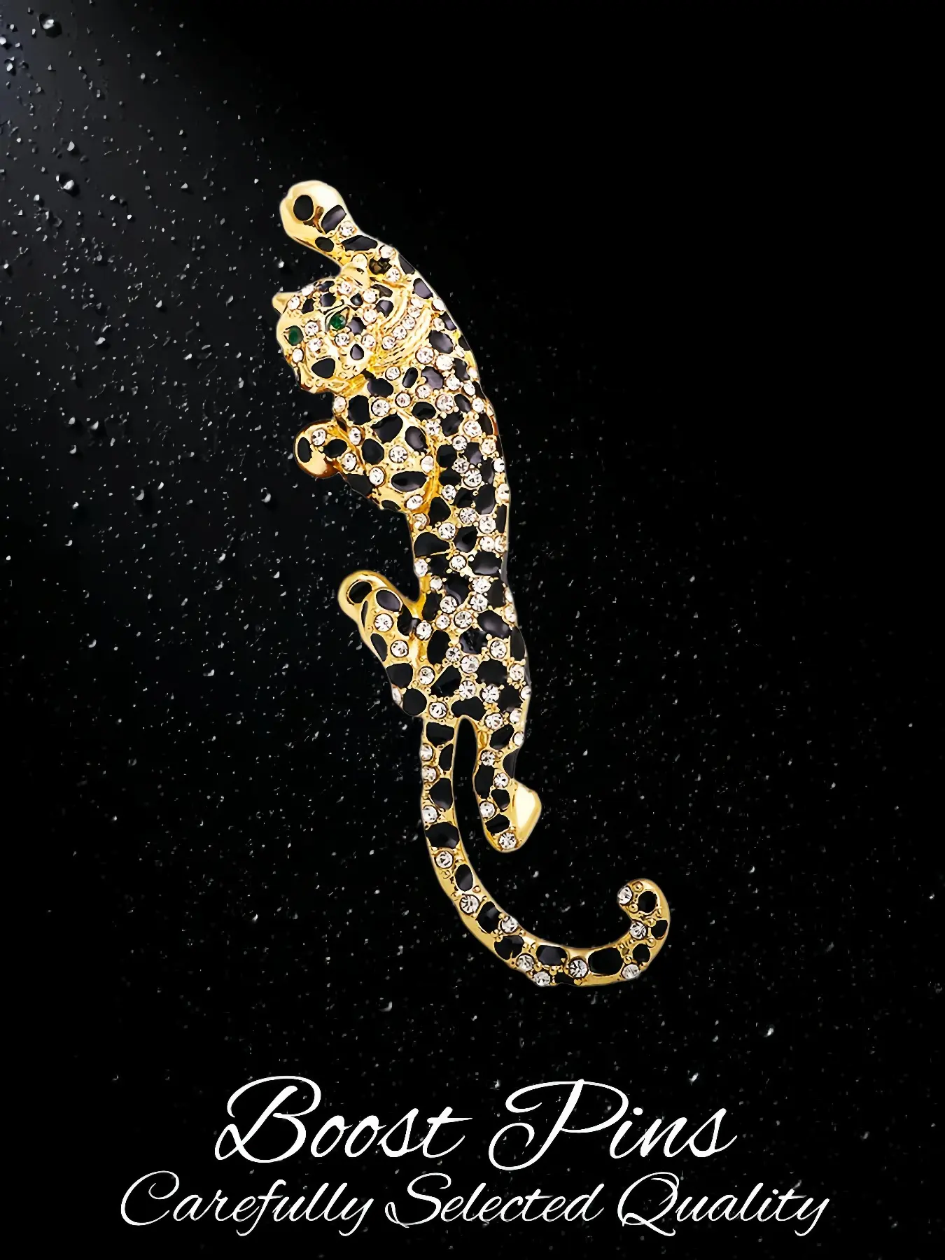 Gold Tone Crawling Leopard Brooch, Alloy Brooch Pin, Brooch with crystals, Black Enamel Spot with Clear Rhinestone Inlay & Green Crystal Eyes, Vintage Lapel Pin, Fashion Accessory for Suits, Ideal Gift for Wildlife & Jewelry Collectors