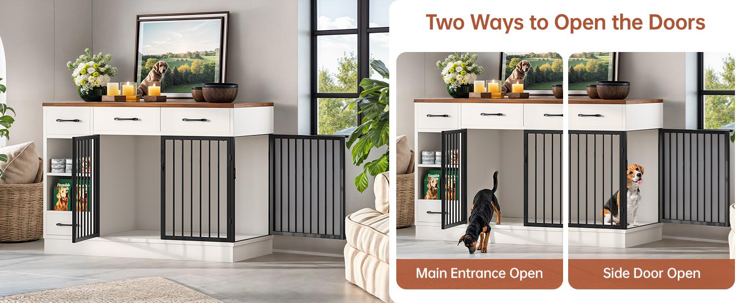 Valentine's Day gifts 71" Extra Large Dog Crate Furniture with Removable Divider & 4 Storage Drawers - Heavy-Duty Wooden Indoor Kennel TV Stand for 2 Dogs, Multi-Functional Pet Furniture for Large/Medium Dogs