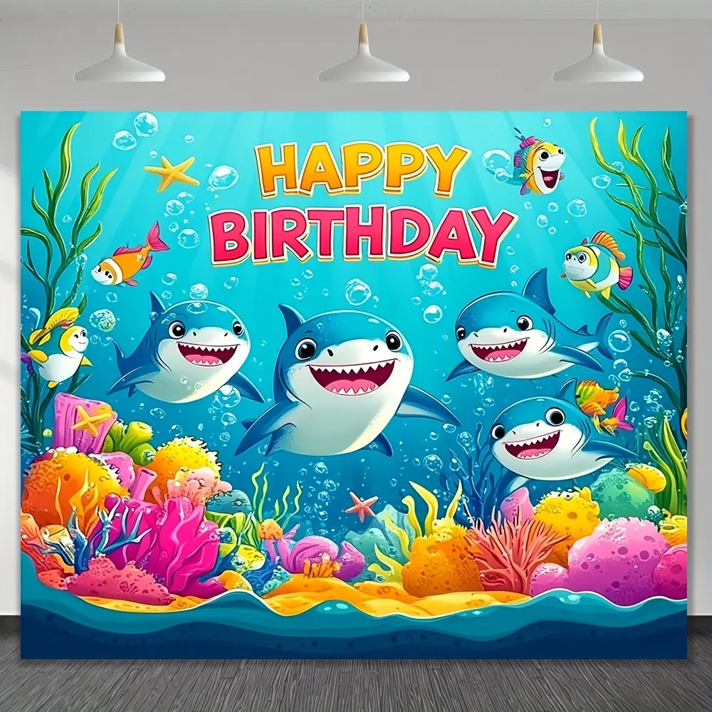 1pc Shark Theme Happy Birthday Backdrop- Vibrant Ocean Scene with Smiling Shark, Durable Polyester Fabric, Suitable Party Decorations, Dessert Tables, Home and Holiday Celebrations, Shark Party Decorations