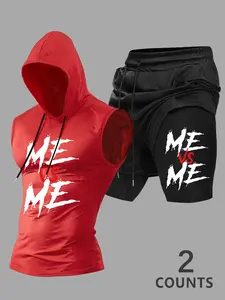 Men's Motivational Graphic Print Hooded Sleeveless Vest + Elastic Waist Shorts Set, Fitness Apparel, Fitted Casual Workout, Two-Piece Sports Ensemble