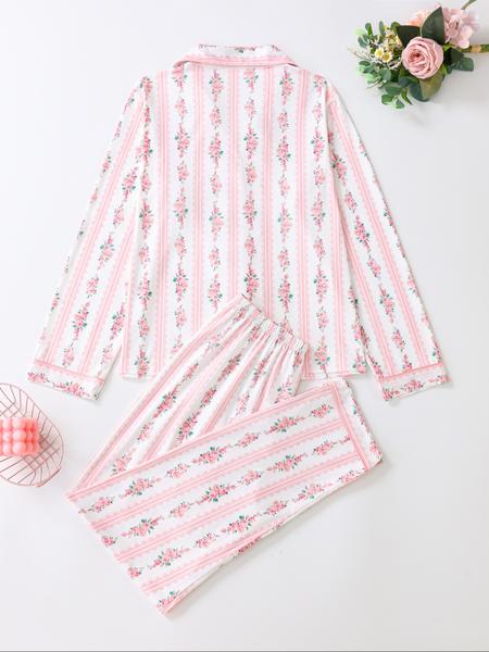 Elegant Floral Pattern Long Sleeve Pajamas Set, Light Button-Up Top and Pants, Casual Fitted Sleepwear, Matching Pyjamas for Spring & Fall