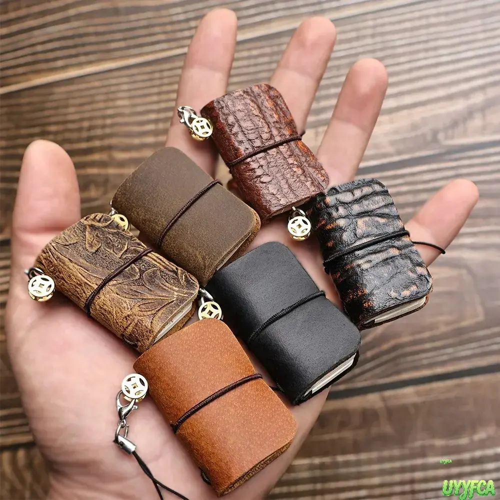 Handmade Cowhide Ultra Mini Pocket TN Notebook, Vintage Embossed Genuine Leather Tiny Travel Journal, Portable String Wrap Small Blank Notepad, Cute Bag Keychain Accessory For Daily Jotting Notes, Minimalist Travelers Mini Diary Gift