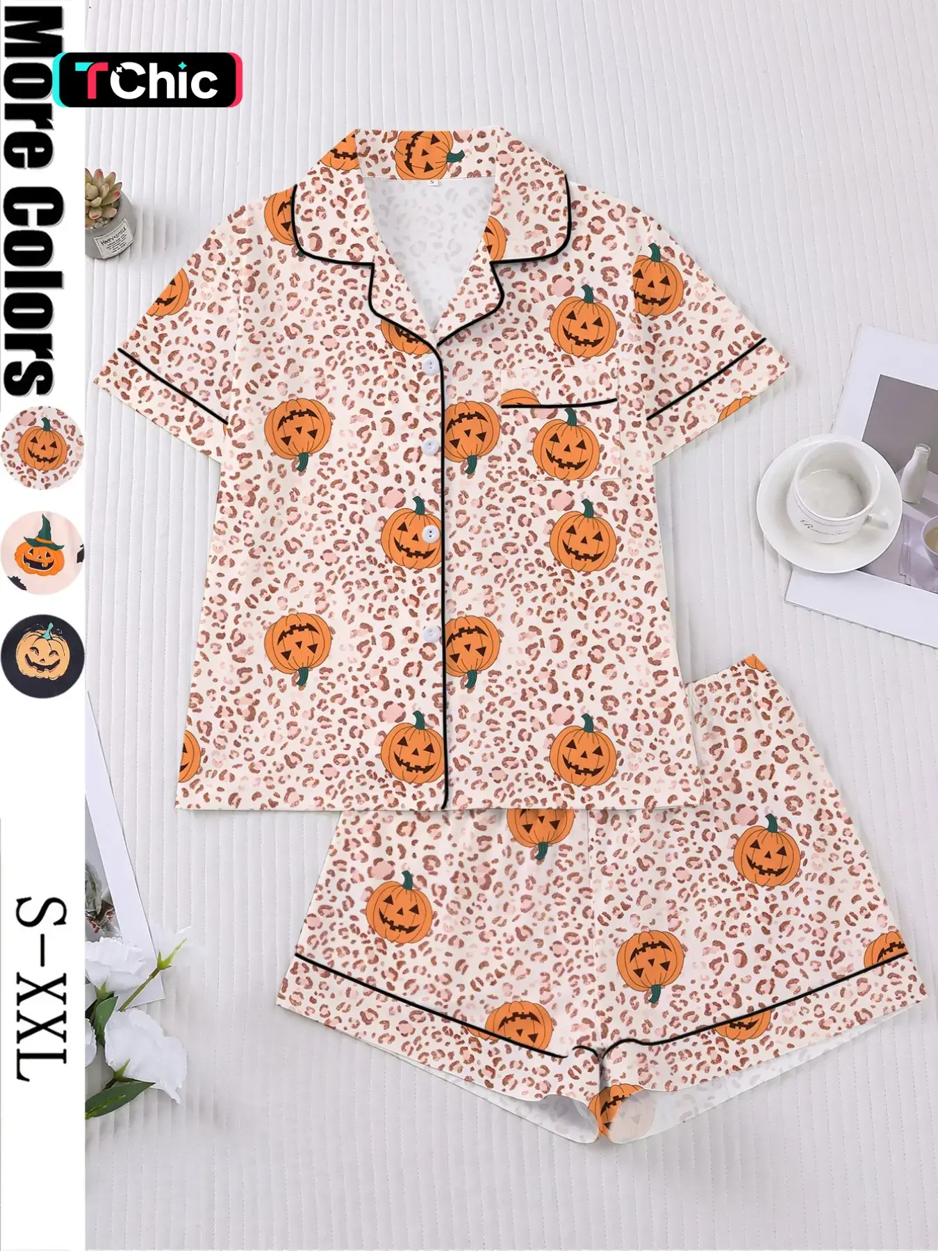 Halloween Pumpkin Women's Collared Pajama Set, Short Sleeve Button Front Top and Elastic Shorts, Comfortable Home Wear, Festive Party Loungewear