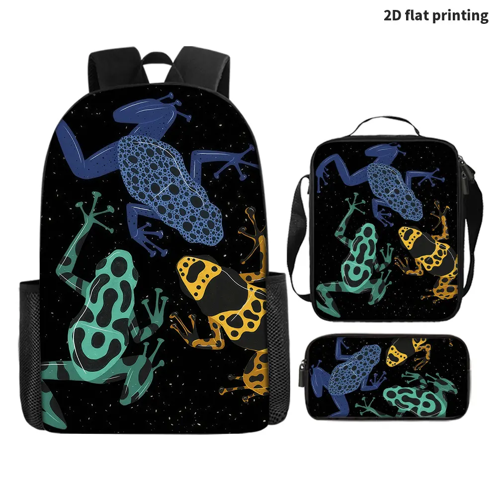 Back-to-School Season 3pcs Set Colorful Spotted Dart Frog Print Backpack, Niche Cool Campus School Bag, Fits Laptop, Large Capacity Commuter  Trendy Laptop Backpack