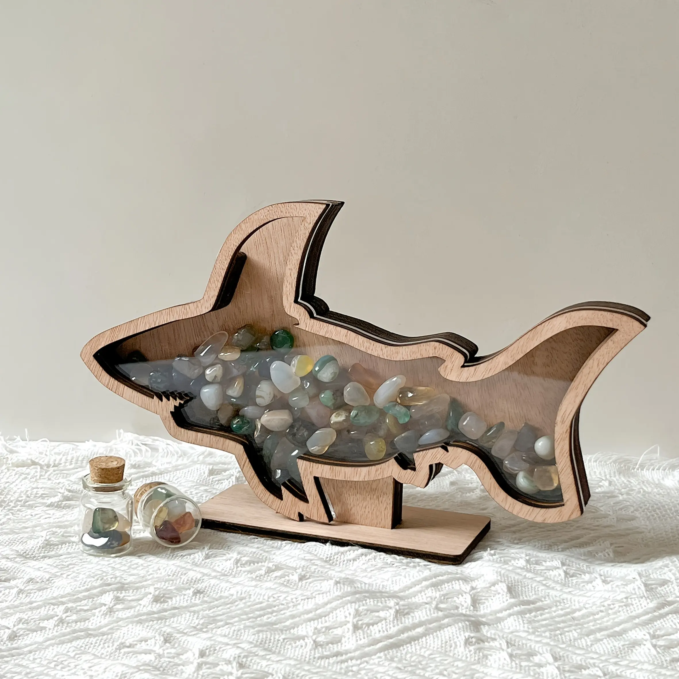 Shark Shell Storage Display Box, Wooden Beach Collectibles Box, Bohemian Coastal Home Decor, Crystal Organizer, Ocean Theme Gift