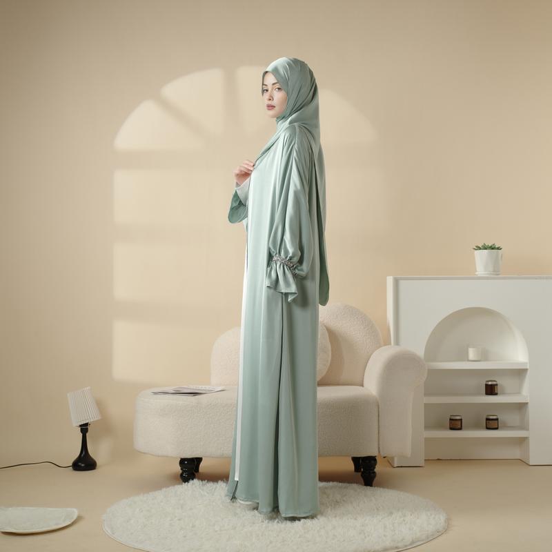 Modesty Muslim Chic Fit Maxi 4-Piece Set: Poet Sleeve Satin Abaya & hijab (MOA009) Formal