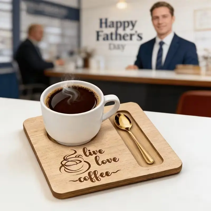 Wooden Coffee Tray with Spoon Slot, Square Coffee Cup Mat, Cute Wooden Coffee Station Storage Box, Father's Day Gift, Birthday Gift, Coffee Lover Gift