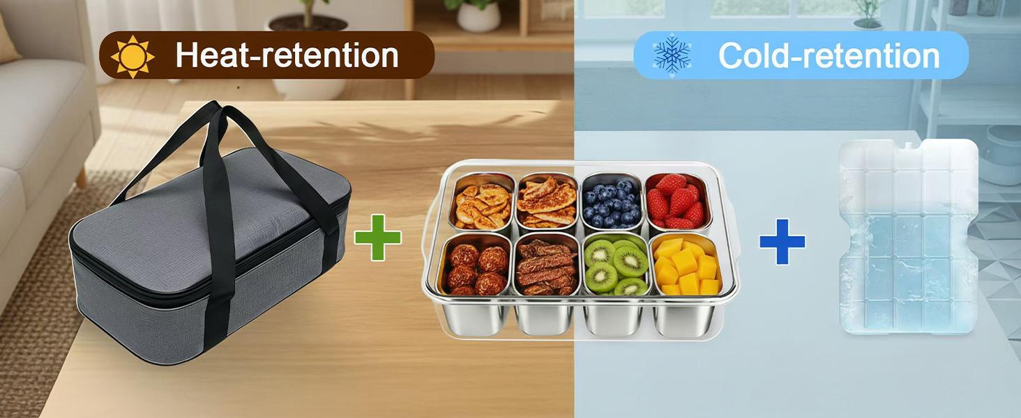 Snackle Box Container with Ice Pack, 304 Stainless Steel Divided Serving Tray, Snacklebox with Insulated Bag, 8 Compartment Platter Box with Lid and Handle for Beach, Road Trip, Boat Days, Pool Party