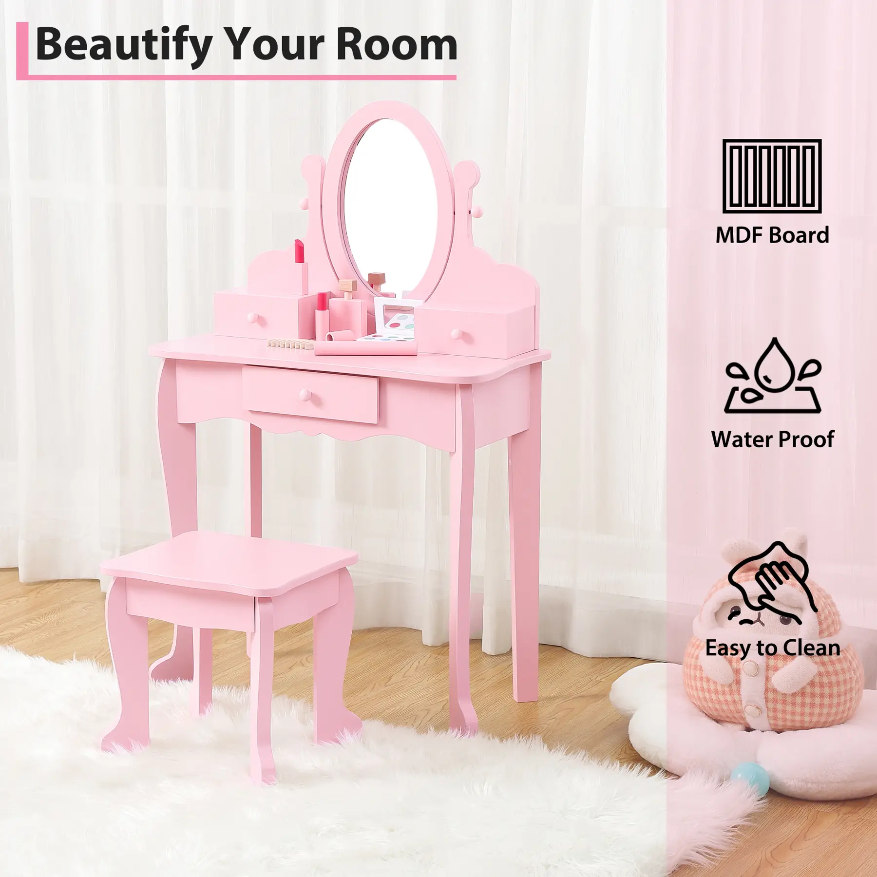 Wooden Kids Vanity Desk with Mirror & Drawers – Makeup Dressing Table with Stool for Girls Ages 4-9, Pretend Play Furniture for Bedroom, Birthday Gift