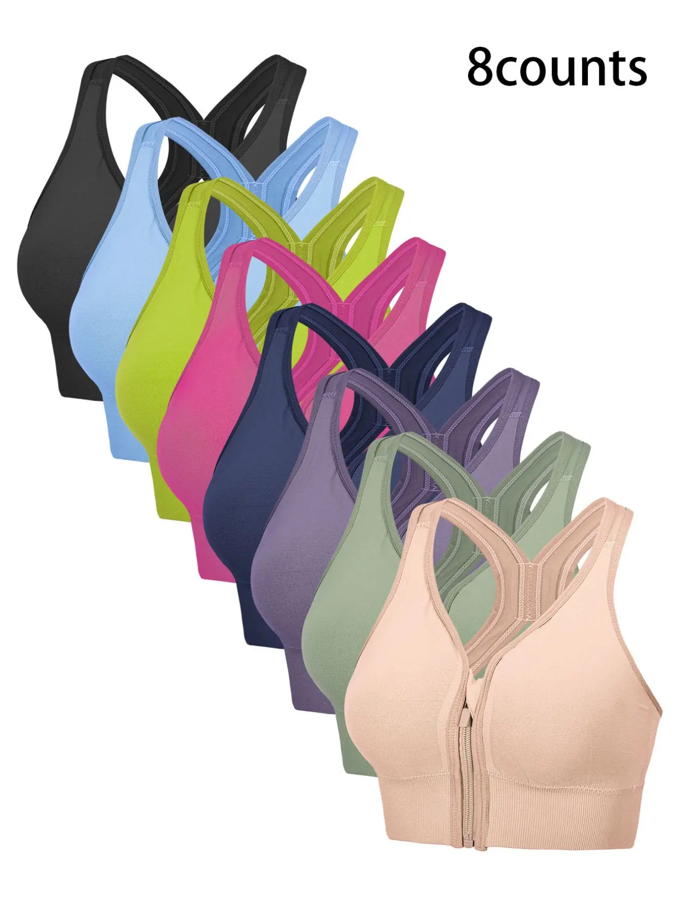8-Pack Women's Plain Front Zipper Compression Sports Bras, Back Ruched Hollow Design, Ideal for Athletic Wear, Sporty Lingerie