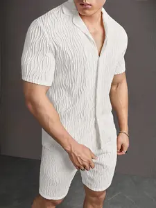 Men’s Summer 2-Piece Knit Outfit Set – Textured Short Sleeve Button Down Shirt + Matching Elastic Waist Drawstring Shorts, Premium Soft Knitted Fabric, Slim Fit Casual Resort Wear for Beach Vacation