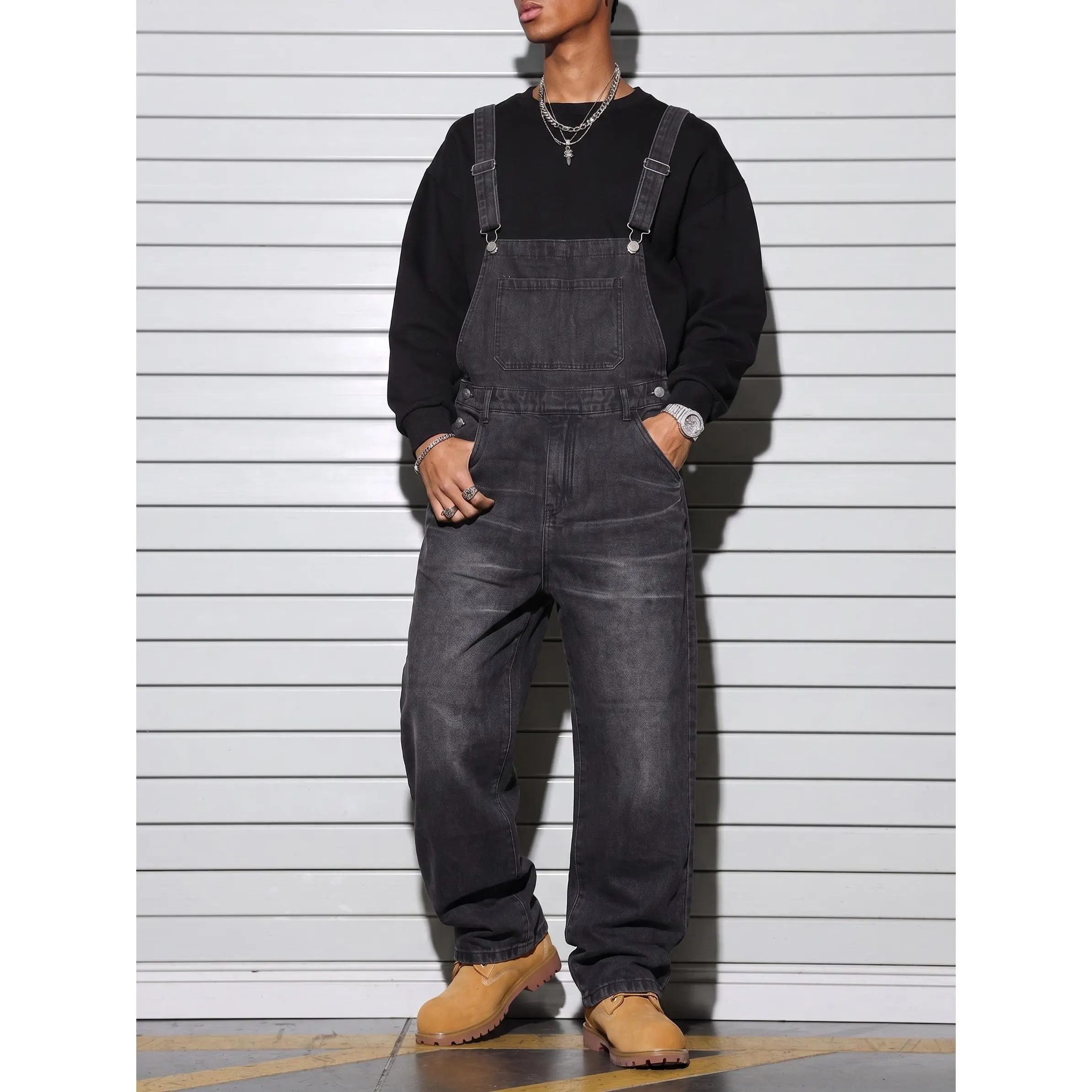 Men's Loose Fit Denim Overalls,Washed Charcoal Black Wide Leg Dungarees,Y2K Grunge Streetwear Classic Bib Overalls,Summer Casual Retro Distressed Jumpsuit,american overalls men