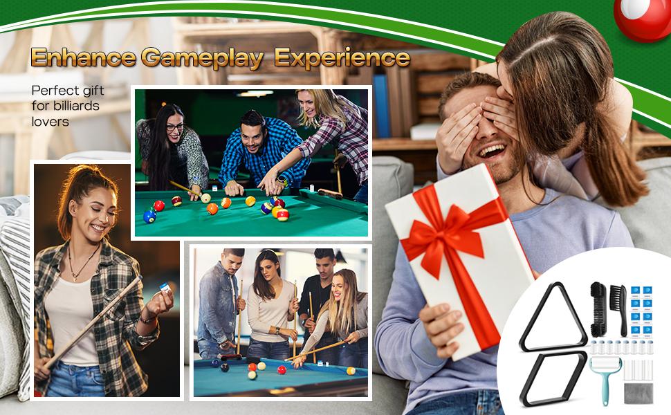 ShinyRelief 22 Pcs Pool Table Brush Set Wooden Billiard Rack 8 or 9 Ball Triangle Diamond for 2-1/4" Pool Ball with Polish Cloth Sticky Lint Roller Cue Chalk Cube Accessories