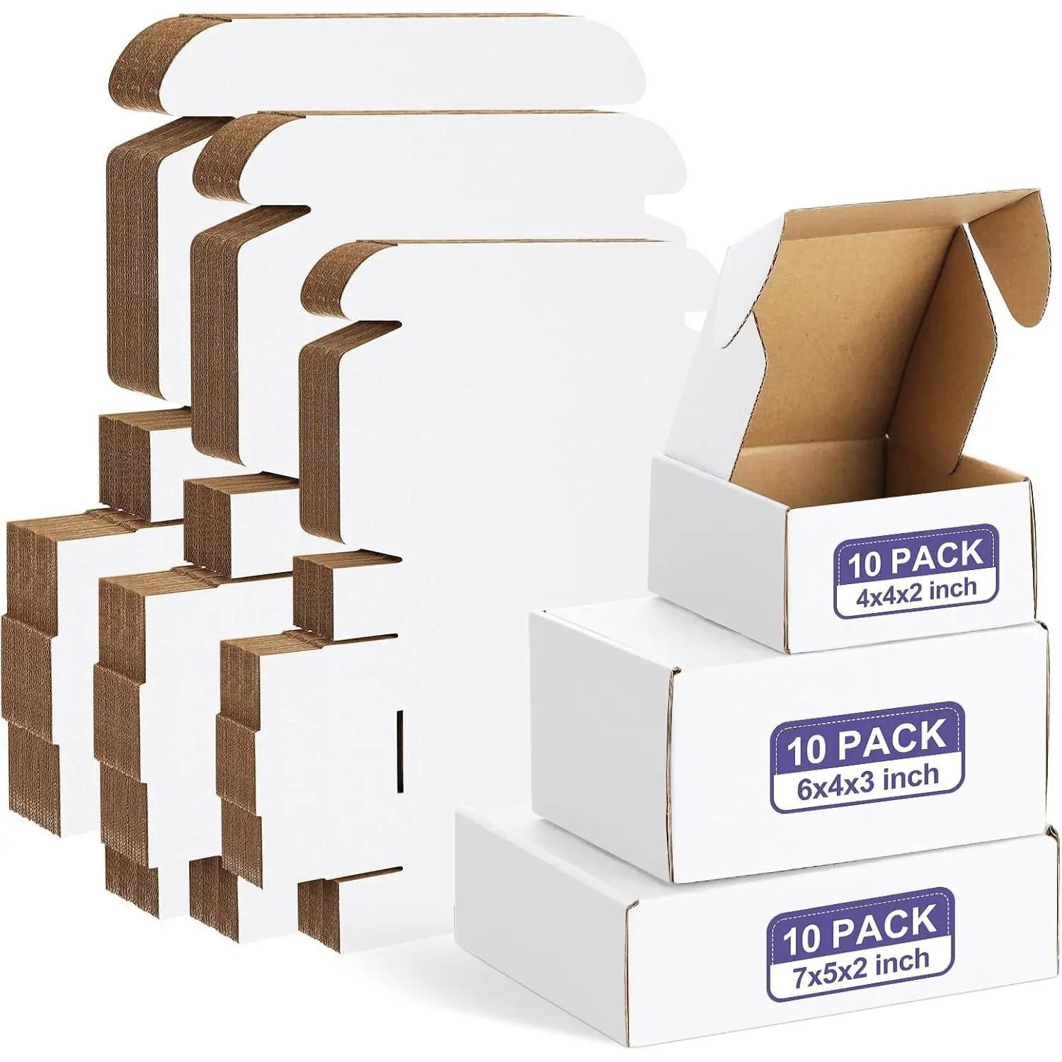 30 Pack Small Shipping Boxes Assorted Sizes, 4x4x2, 6x4x3, 7x5x2 - 10 PCS Each, White Corrugated Box Mailers, Cardboard Boxes for Packaging Small Business, Mailing