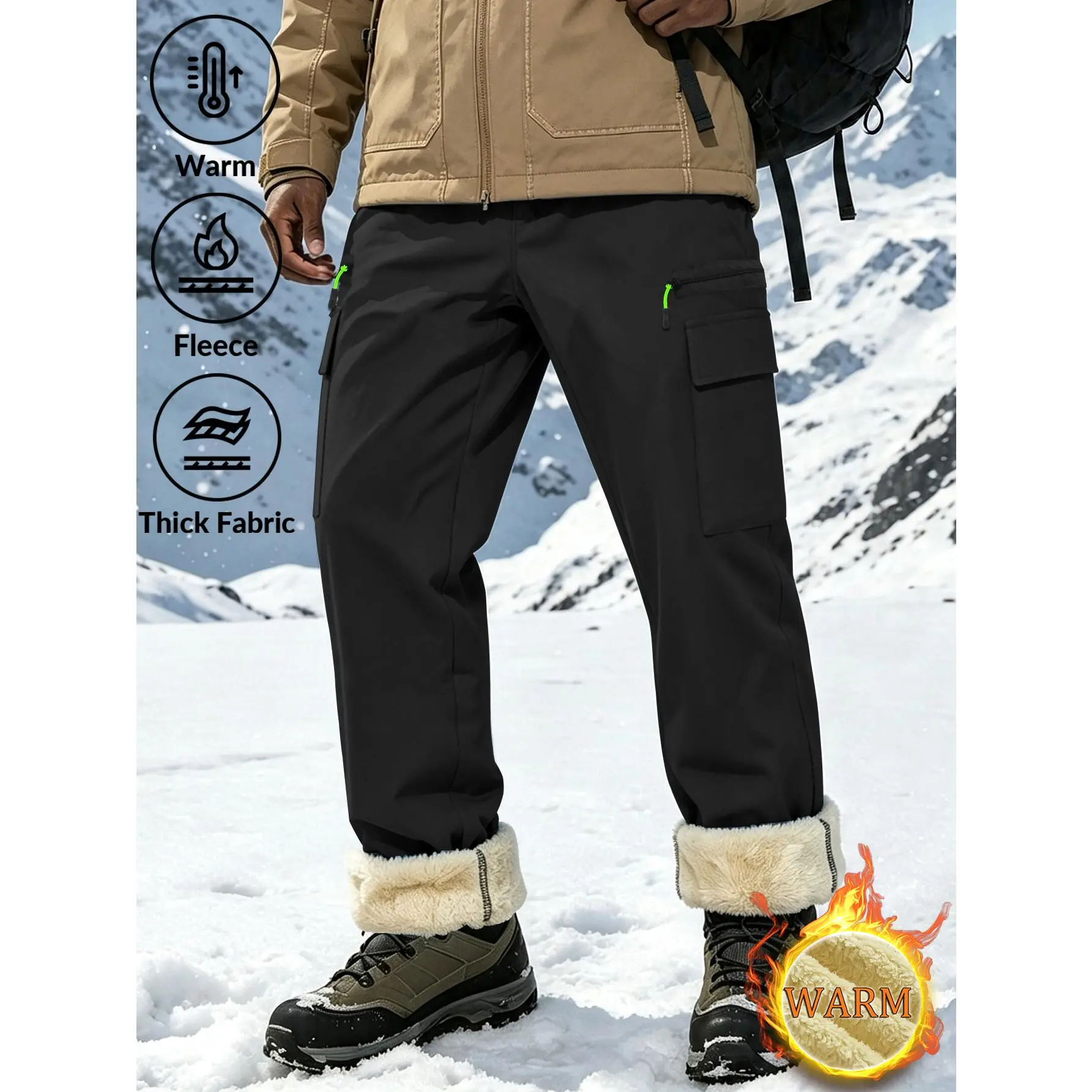 Men's Wool Lined Work Pants, Warm and Windproof, Multi Pocket Straight Leg Winter Work Pants, Suitable for Various Winter Wearing Scenarios, Suitable for Snow Hiking, Outdoor Work, Daily Commuting and Other Occasions