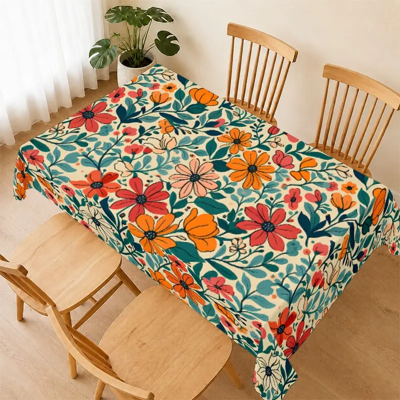 Colorful Floral Tablecloth, Bright Garden Flower Design, Waterproof and Easy to Clean, Perfect for Family Home Dining and Parties