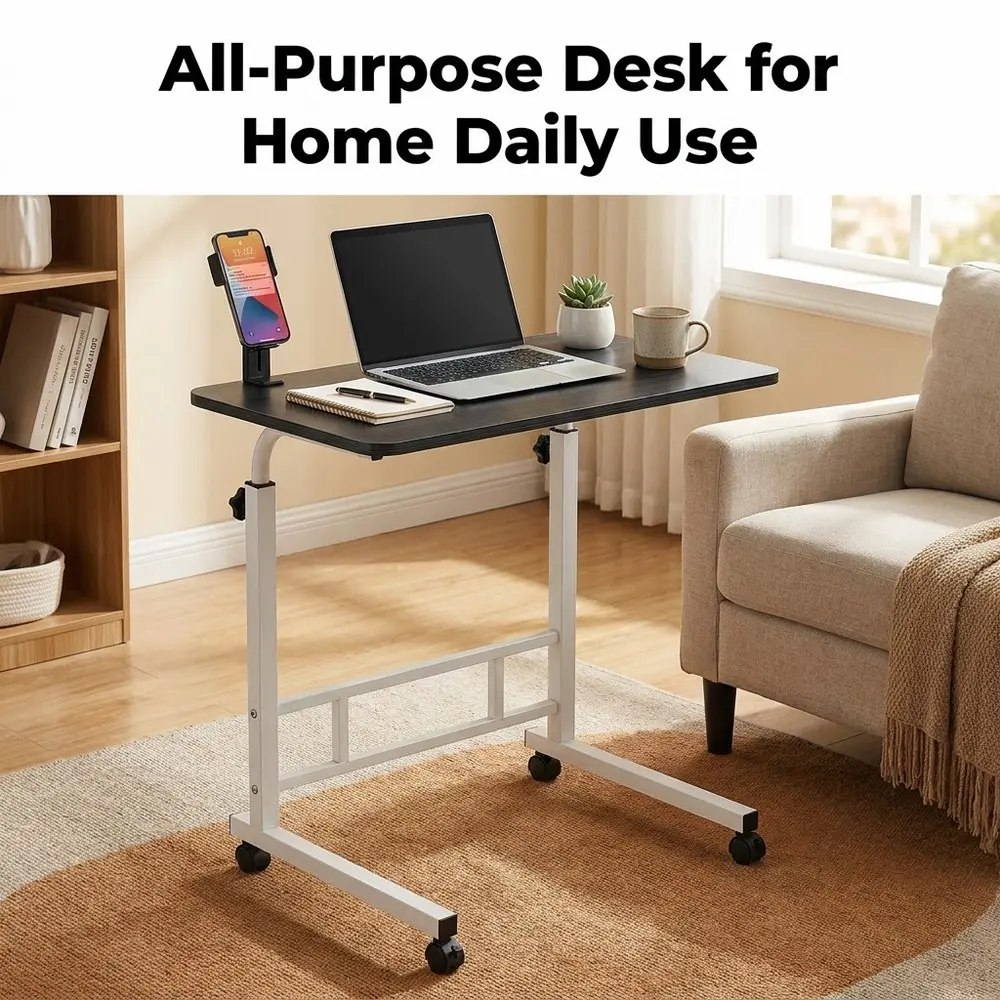 Rolling Desk with Built-In Phone Holder, Adjustable Height Study Table for Bedroom, Dorm and Home Office, Compact Mobile Laptop Desk for Students, Remote Work, Homework, Reading and Casual Daily Tasks