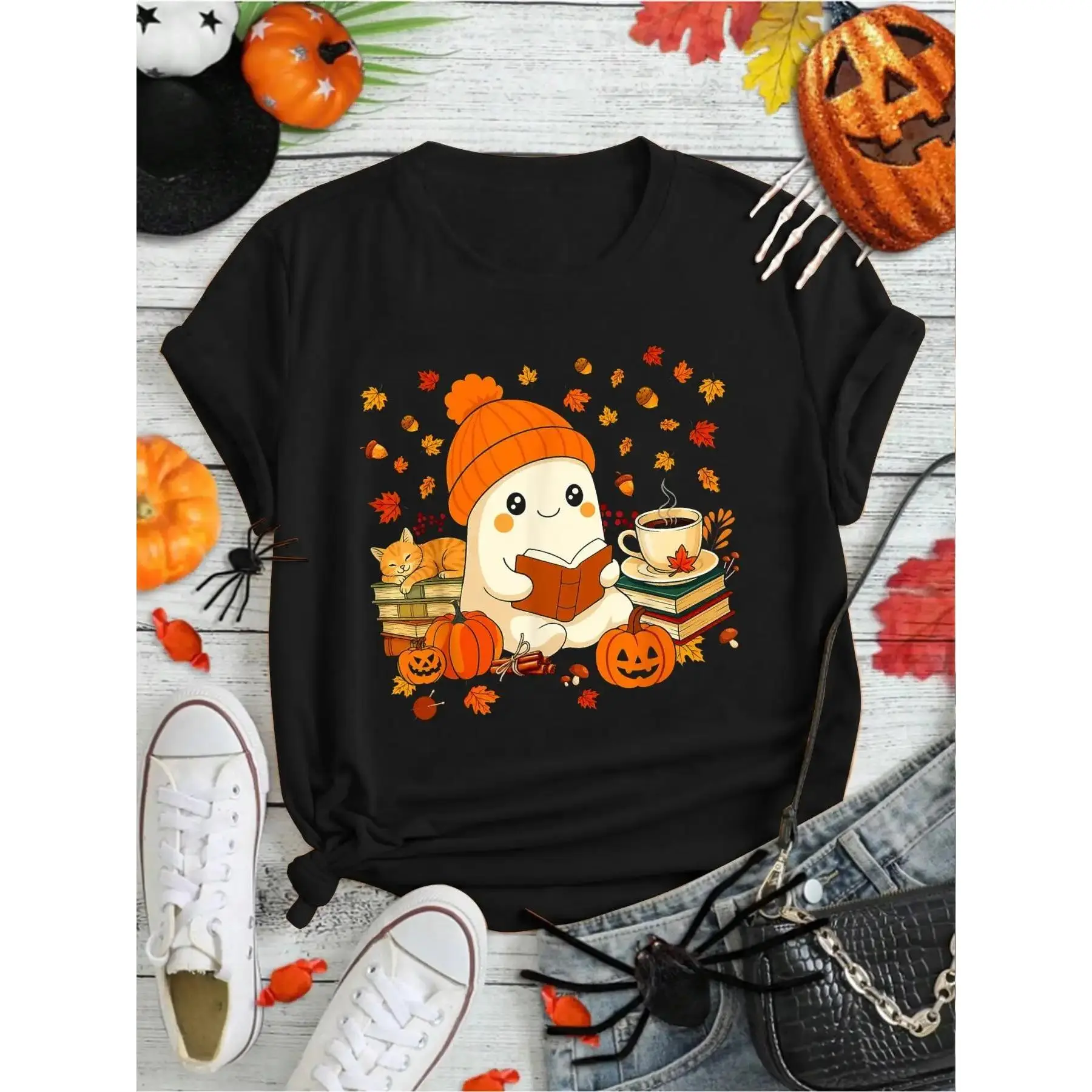 Cute Ghost Reading Book Lovers Autumn Fall Halloween Ghost T-Shirt Print Round Neck Short Sleeve Streetwear Fashion Breathable Homme Soft Unisex Designer Clothes For Women Casual Clothes