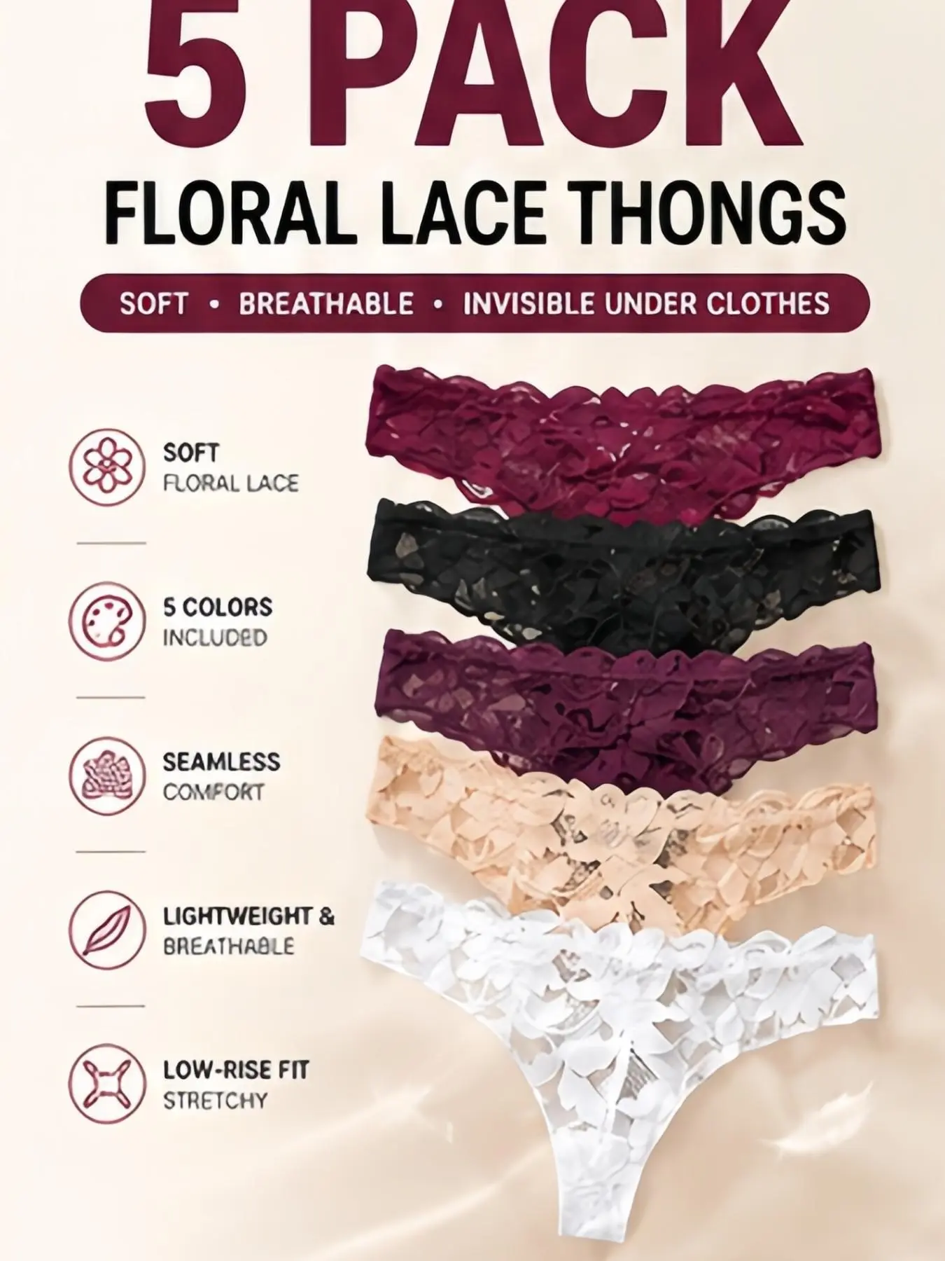Women's 5-Pack Lace Thong Underwear, Breathable Seamless Low Waist Floral Lace Panties, Elastic Comfort Everyday Women's Underwear