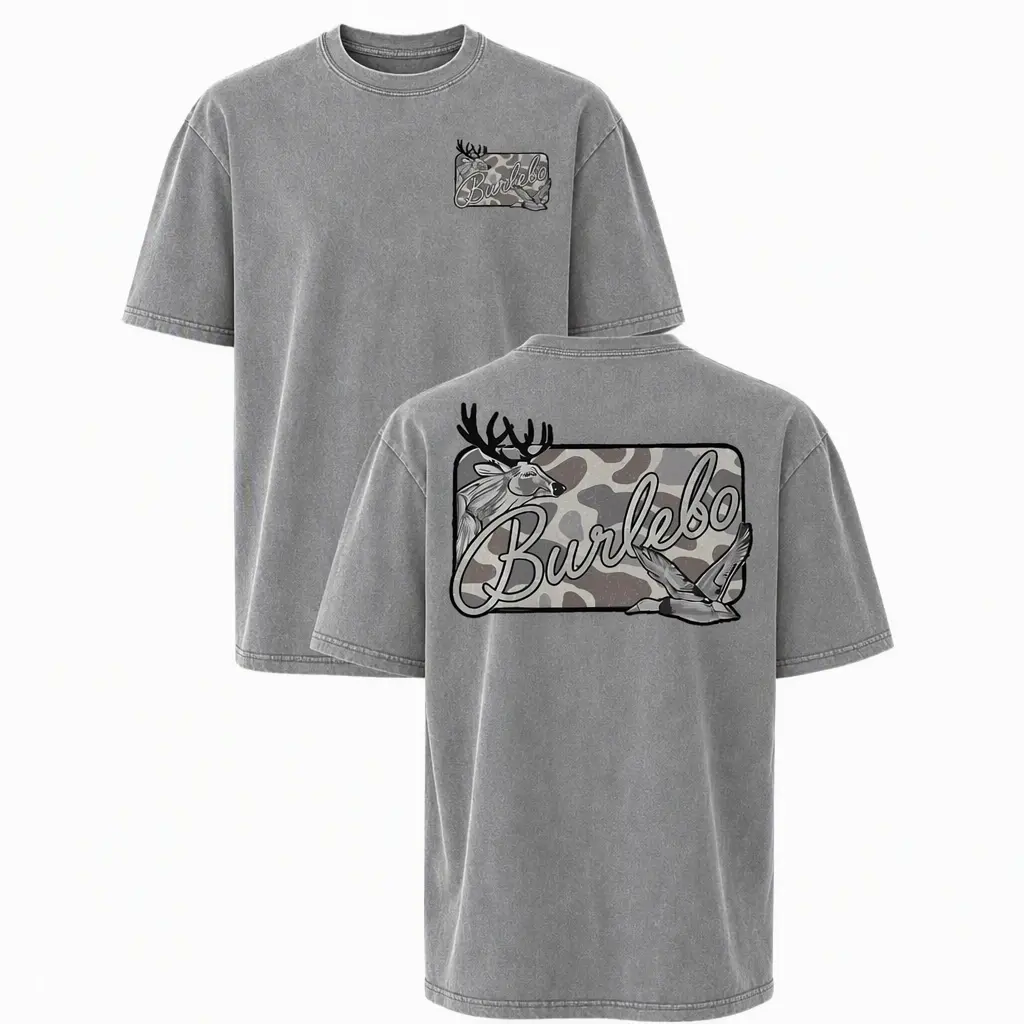 Men's Vintage Graphic T-Shirt with Deer & Duck Camo Print - Oversized Relaxed Fit Breathable Cotton Fabric, Classic Southern Outdoor Short Sleeve Top, Tops, Menswear, Round Neck