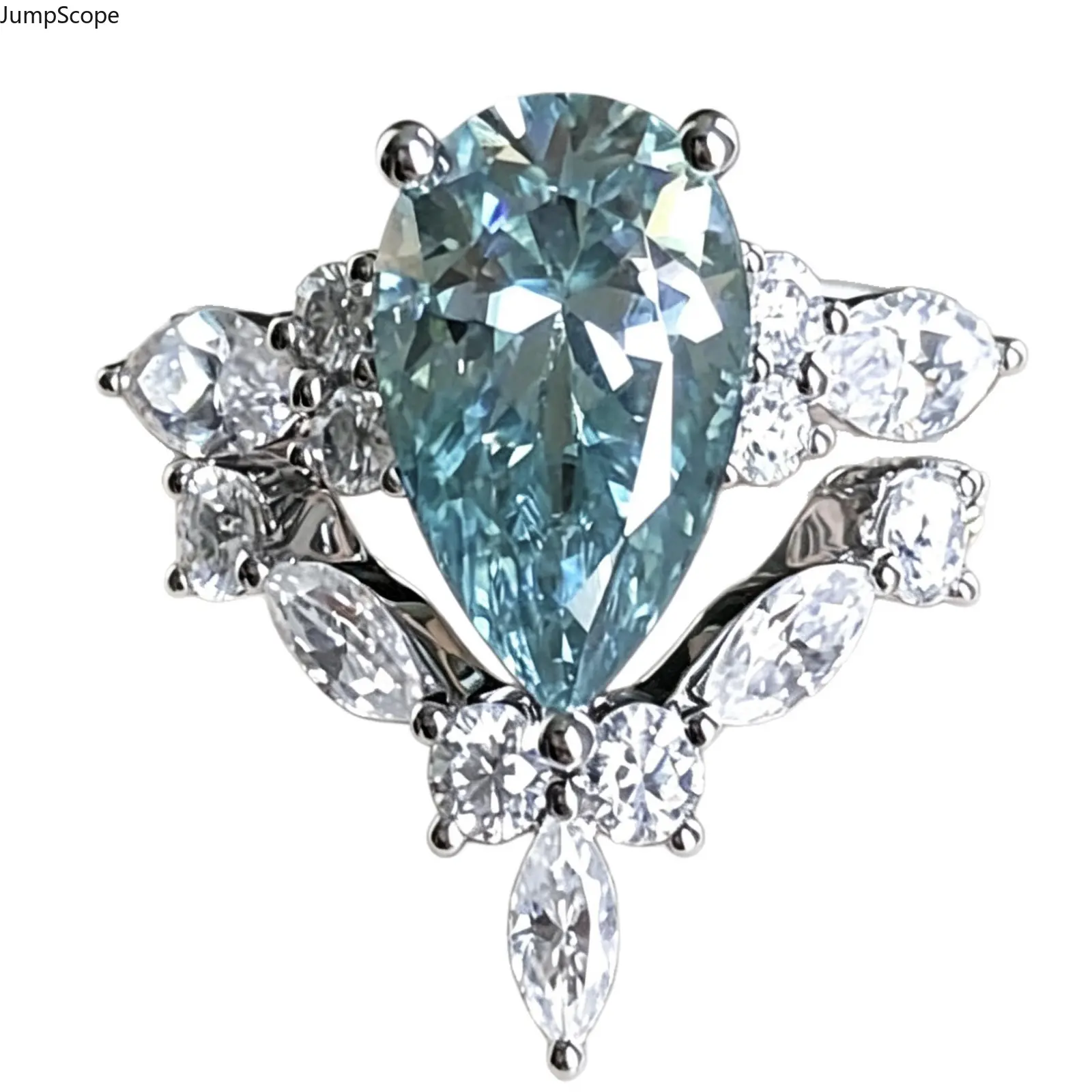 Pear Aquamarine Blue Two-Piece Stackable Ring Set, Rhodium Plated Copper Branch Multi-Stone Split Shank Band for Women Bridal Engagement & Daily Luxury Wear
