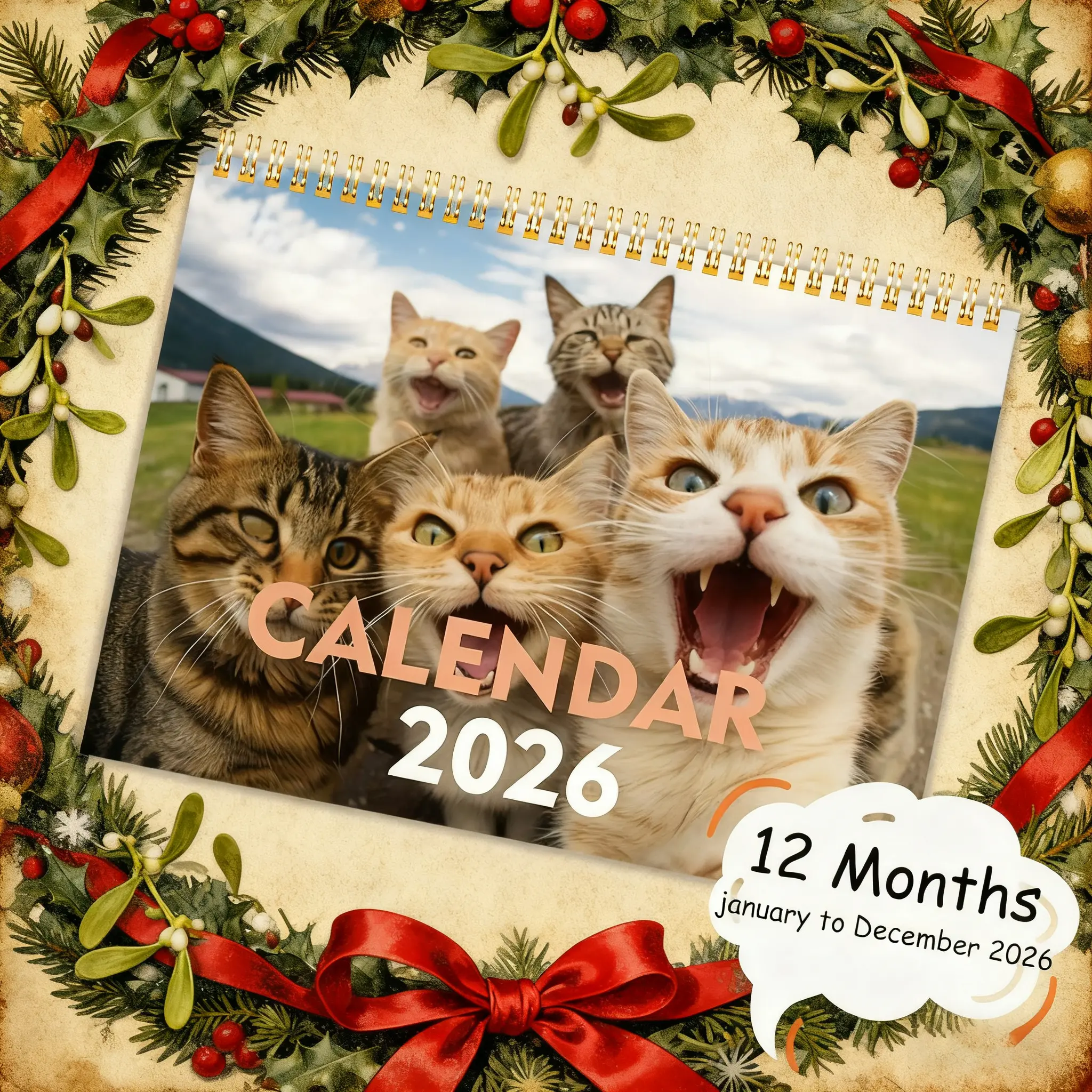 2026 Funny Cat Selfie Calendar 🐱📅 - 12-Month Wall/Desk Dual-Use, Durable Paper with Flip Bar, English, Purr-fect Gift for Cat Lovers, Black Friday Deal: Christmas/New Year Gift