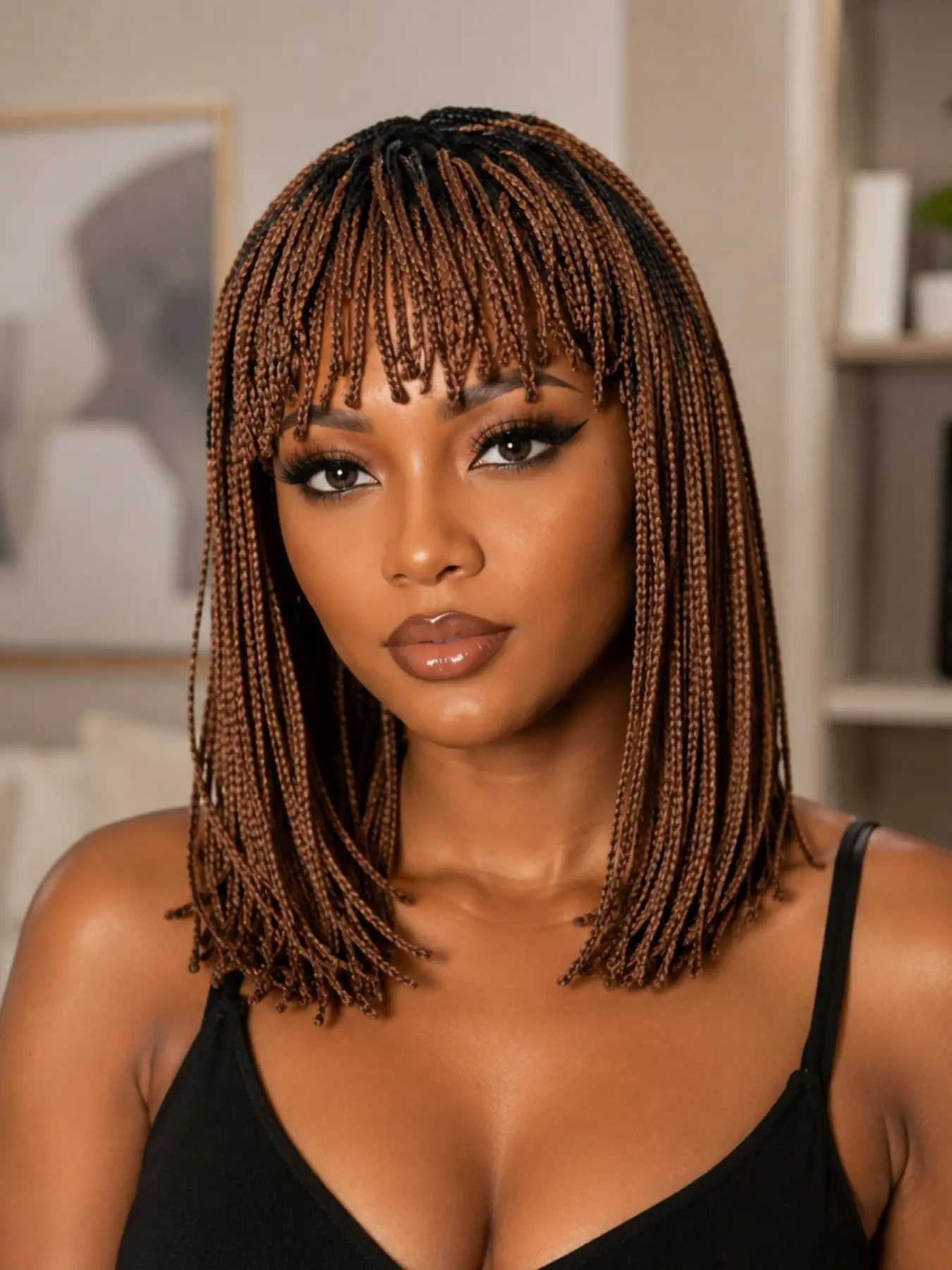 Brown Box Braids Bob Wig with Bangs, Short Micro Braided Wig with Black Roots, Synthetic Braided Wig for Black Women, Fashion Daily Party Look