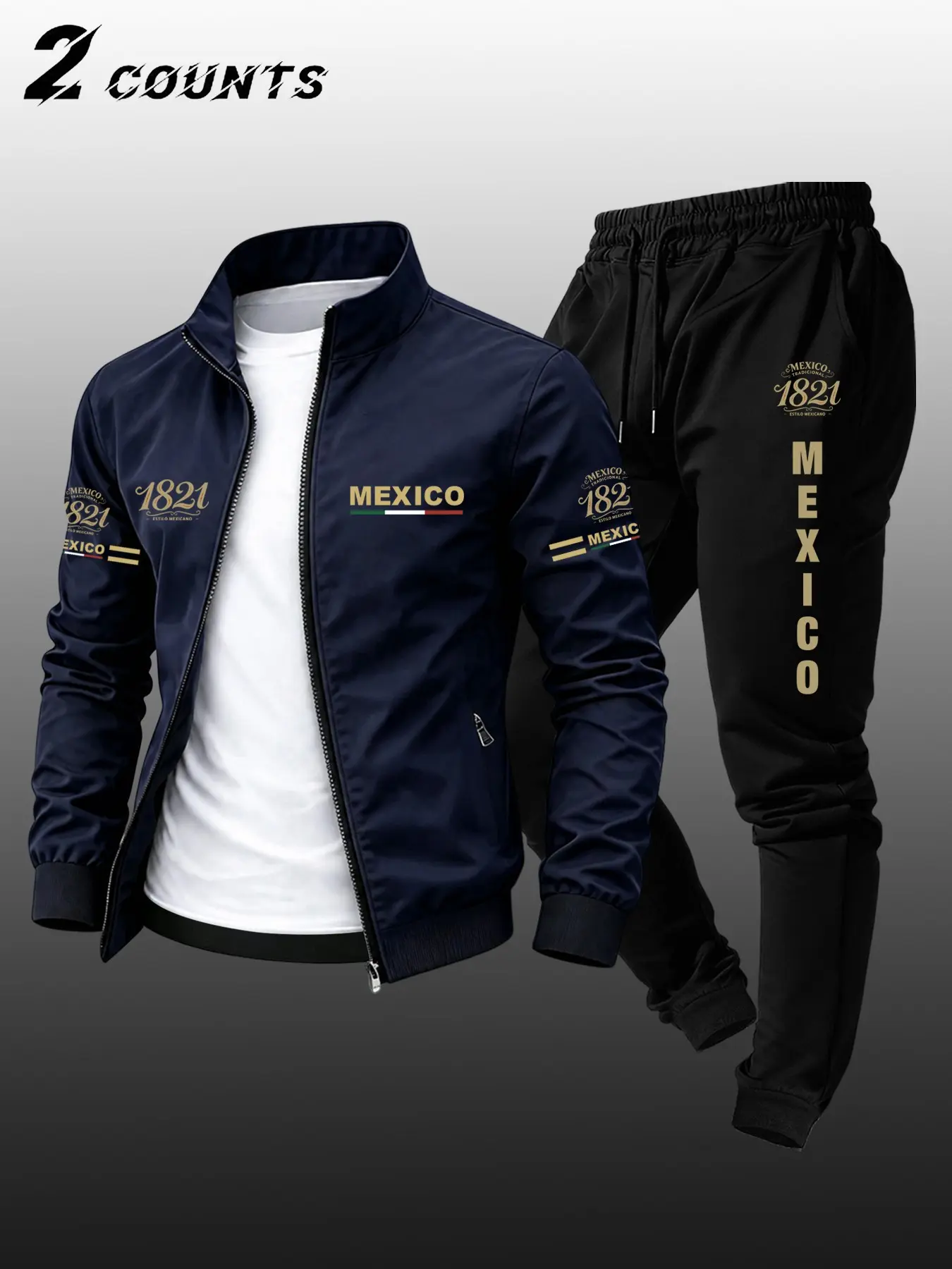 Men's Mexico Theme Stand Collar Sporty Two-Piece Jogging Set, Zipper Jacket + Jogger Pants, Casual Streetwear for Daily Commute, Light Sports