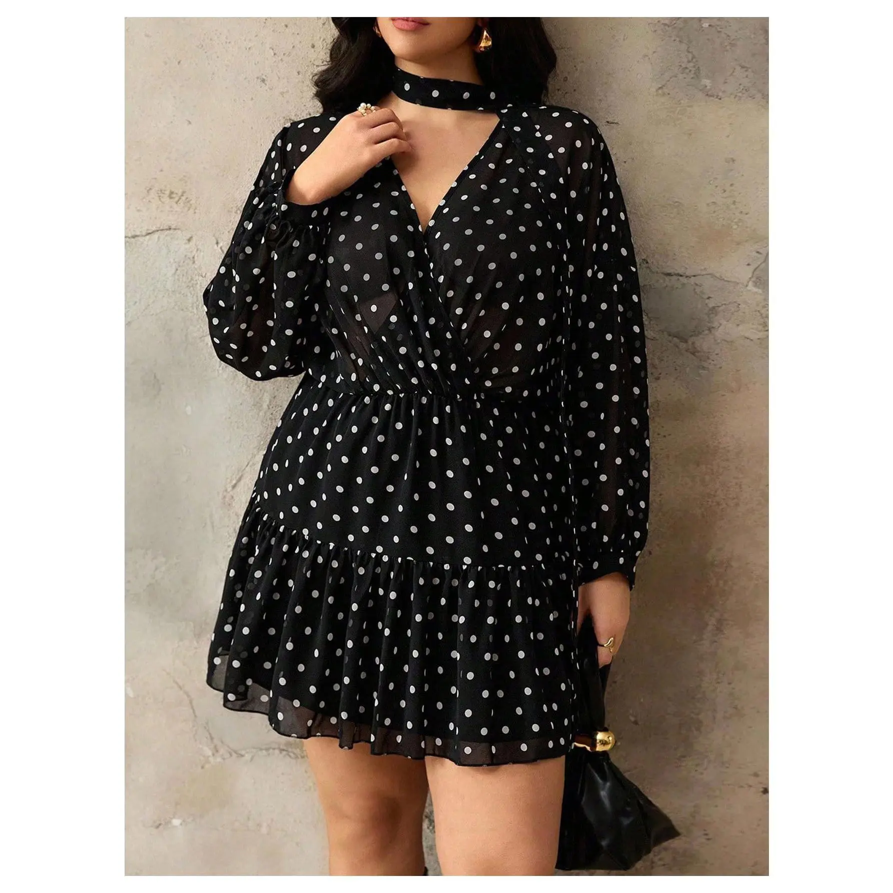 Women's Plus Size Casual Polka Dot Chiffon Long-Sleeve Short A-Line Dress, Semi-Sheer Ruffle Design, Fashion Fabric with Scarf, Soft