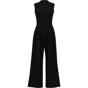 Womens Summer Jumpsuits Dressy Casual One Piece Outfits Sleeveless Mock Neck Wide Leg Pants Rompers with Pockets