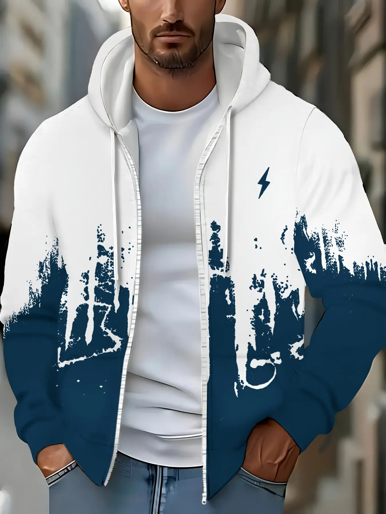 Men's Gradient Splash Lightning Logo Sweatshirt, Zipper Hooded Open Front, Casual Streetwear, All Seasons, Daily Wear, Commute, Outdoor, Sports