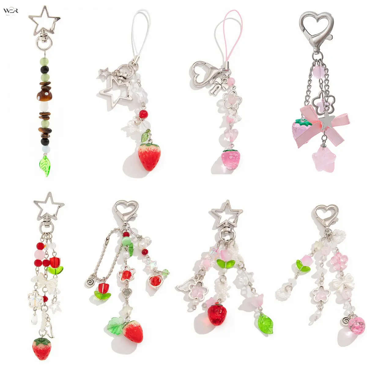 Women's 5-Style Ins Style Spring Theme Multi-Set Pack Strawberry Pink Floral Bag Charms - Hollow Star, Heart Lobster Clasp Keychains with Beaded Tassel Pendants for Backpacks, Purses, Phones - Fashion Accessory Gift, Star Shapes, Daily Wear