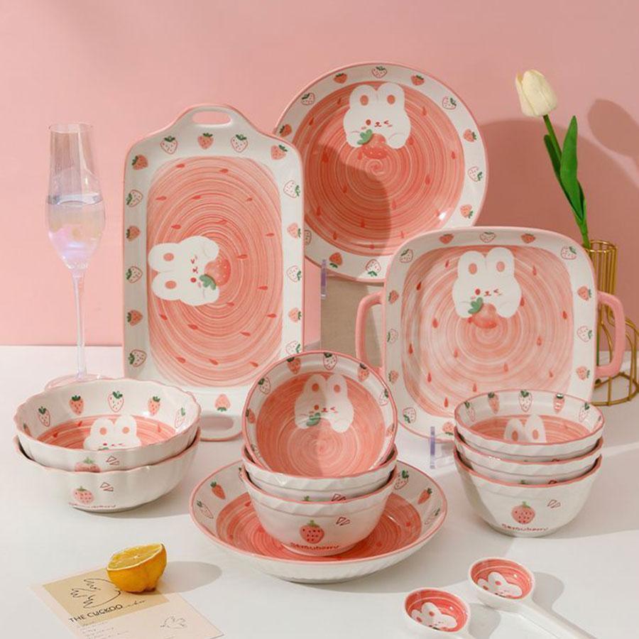 Strawberry Pattern Ceramic Plate, Cute Strawberry Pattern Baking Plate, Household Dinner Plate, Fruit Plate, Kitchenware